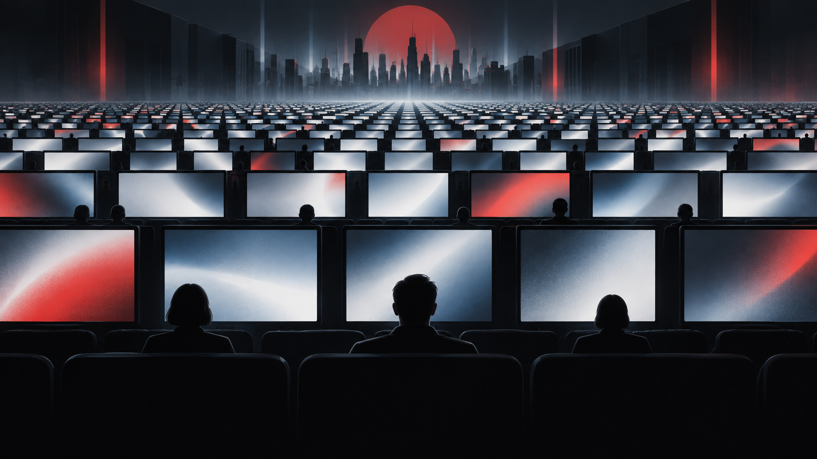 VEYR original editorial illustration of an overfilled bank of blank video screens