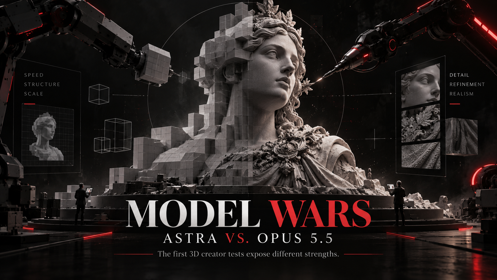 Owner-supplied Model Wars editorial illustration: robotic arms build and refine a classical statue.