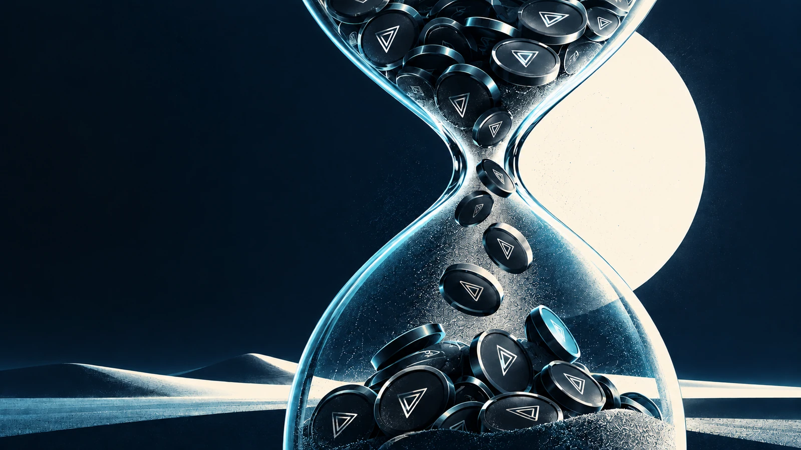 Abstract blue hourglass filled with black token discs, visualizing the time and cost pressure of metered AI creativity.