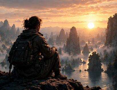 An explorer overlooking a sunlit mountain landscape