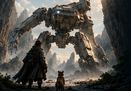 An explorer and a giant robot in a mountain valley